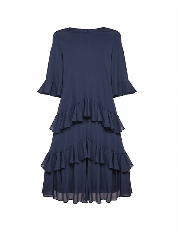 Half Sleeves Loose Layered Ruffle Trim Solid Color Zipper Round-Neck Midi Dresses