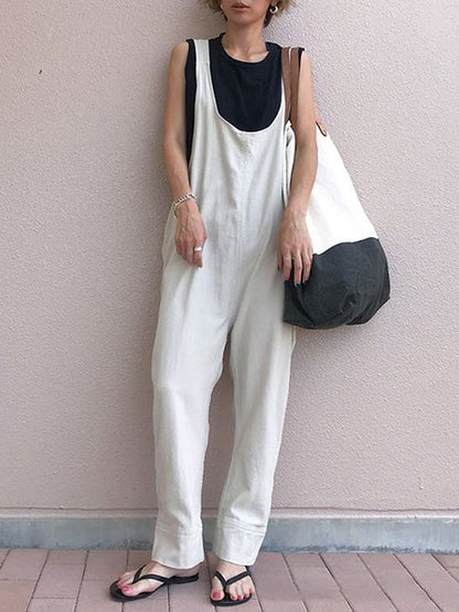 Loose Sleeveless Solid Color Split-Joint U-Neck Overalls