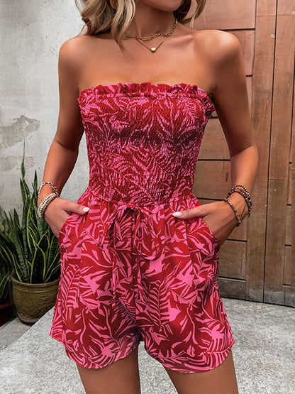Sleeveless Leaves Print Pleated Pockets Solid Color Split-Joint Tied Waist Tube Rompers