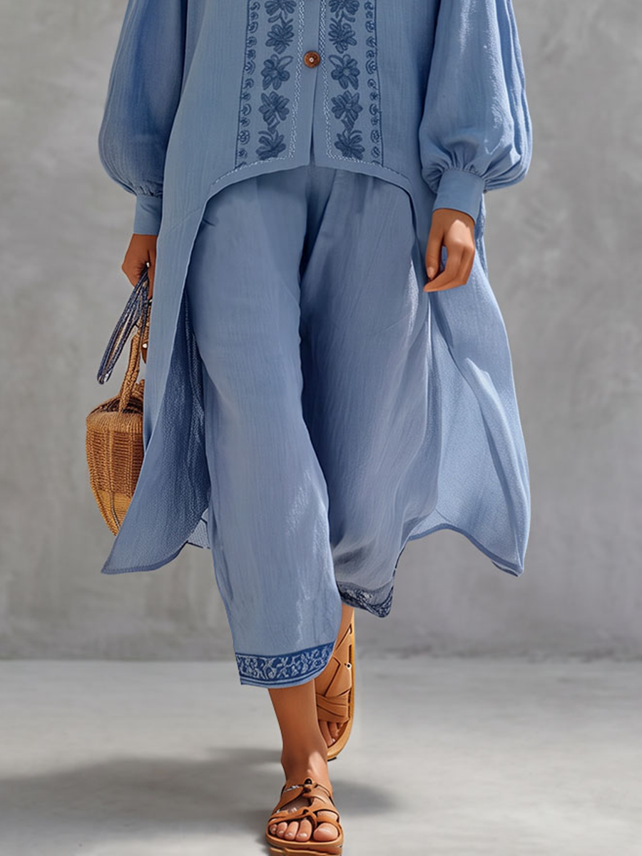 Pockets Flower Print Wide Leg Loose Trousers Pants
