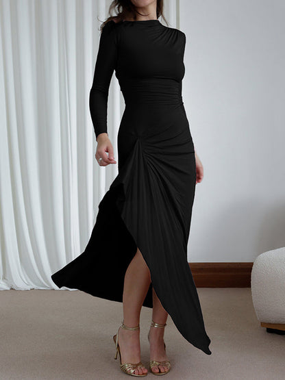 Bodycon High Waisted Asymmetric Pleated Ruffled Solid Color Split-Joint Round-Neck Maxi Dresses