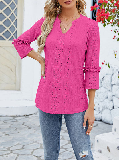 Loose Three-Quarter Sleeves Jacquard Solid Color V-Neck T-Shirts Tops