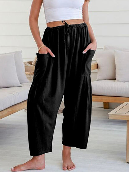 Column Loose Elasticity Pockets Solid Color Casual Pants Bottoms Trousers