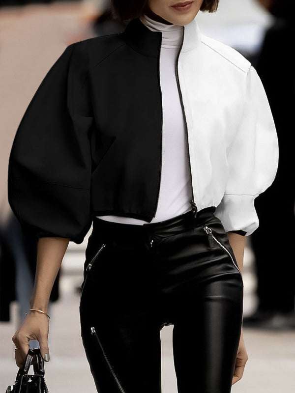 Loose Puff Sleeves Contrast Color Split-Joint Stand Collar Outerwear