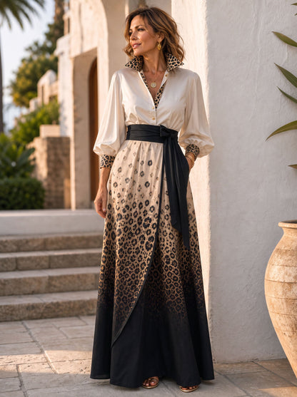 Leopard Gradient Flower Print Contrast Color Buttoned Bowknot Puff Sleeves Long Sleeves Lapel Maxi Dresses