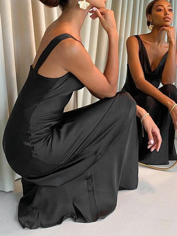 Bodycon High Waisted Solid Color V-Neck Maxi Dresses