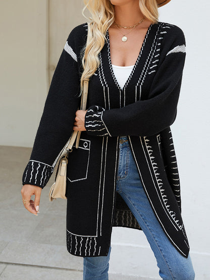 Long Sleeves Loose Jacquard Split-Joint V-Neck Cardigan Tops