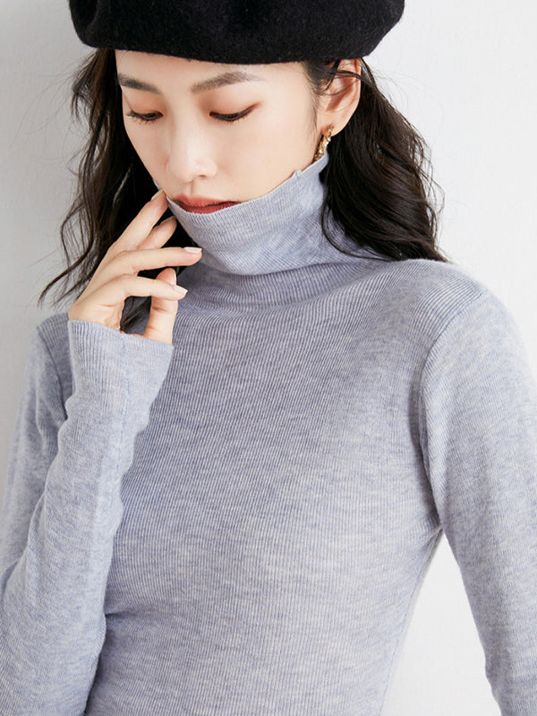 Simple Skinny Long Sleeves Solid Color High-Neck Sweater Tops Pullovers