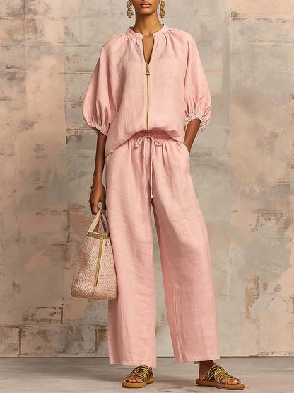 Half Sleeves Loose Drawstring Elasticity Pockets Solid Color Zipper Round-Neck Blouses&Shirts Tops Pants Trousers Two Pieces Set