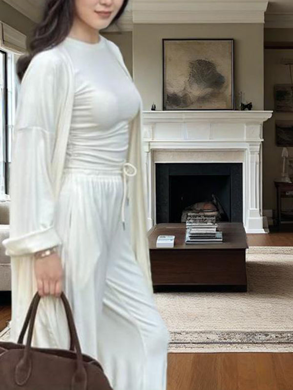 Loose Long Sleeves Cardigan Coat + Round-Neck T-Shirts + Drawstring Elasticity Pants Three Pieces Set