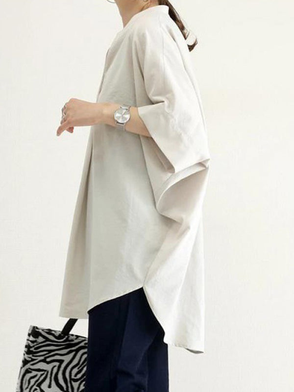 Half Sleeves High-Low Pleated Solid Color Split-Joint V-Neck Blouses&Shirts Tops