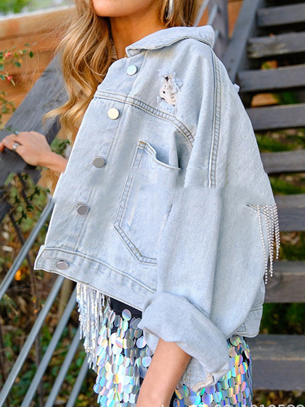 Long Sleeves Loose Fringed Ripped Split-Joint Tasseled Lapel Jackets