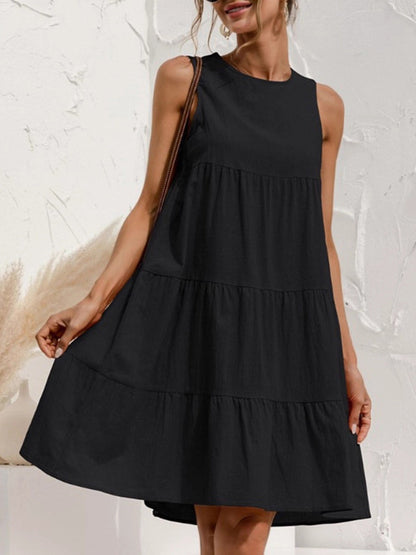 A-Line Loose Pleated Solid Color Split-Joint Round-Neck Mini Dresses