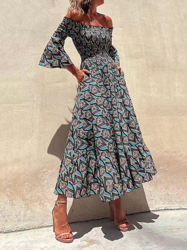 A-Line Flared Sleeves Elasticity Printed Off-The-Shoulder Midi Dresses