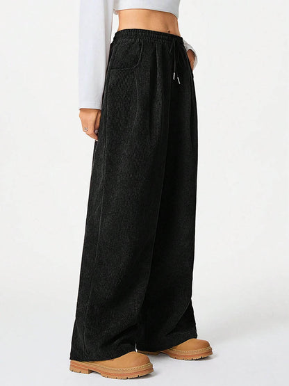 High Waisted Wide Leg Drawstring Elasticity Pockets Solid Color Pants Trousers