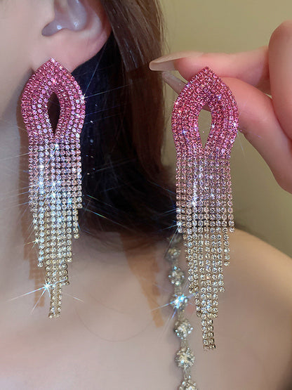 Gradient Hollow Rhine Stones Tasseled Drop Earrings