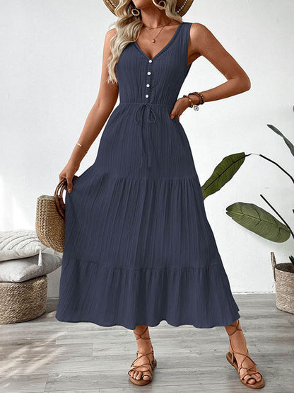 A-Line High Waisted Buttoned Pleated Solid Color Tied Waist V-Neck Maxi Dresses
