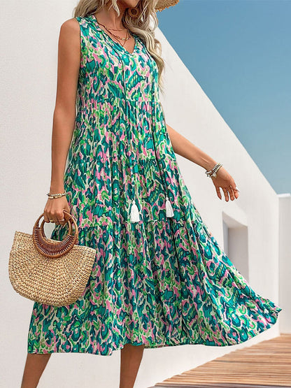 A-Line Loose Contrast Color Printed Split-Joint V-Neck Maxi Dresses