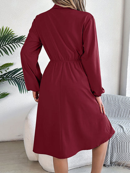 A-line Long Sleeves Buttoned Pleated Solid Color Tied Lapel Midi Dresses Shirt Dress