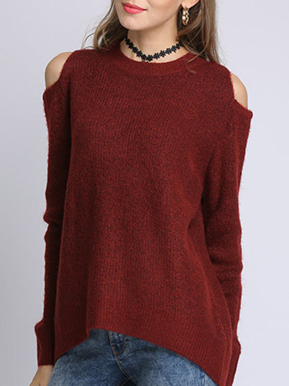 Long Sleeves Loose Hollow Solid Color Round-Neck Knitwear Pullovers Sweater Tops
