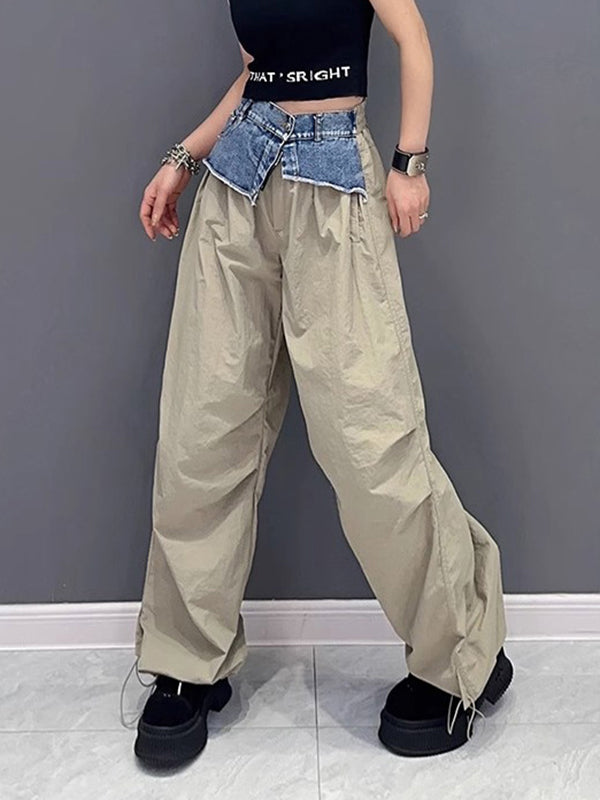 Loose Wide Leg Drawstring Elasticity Split-Joint Cargo Pants Trousers