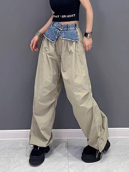 Loose Wide Leg Drawstring Elasticity Split-Joint Cargo Pants Trousers