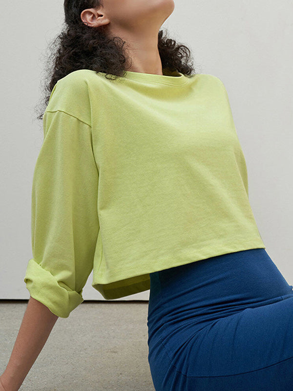 Long Sleeves Loose Solid Color Round-Neck T-Shirts Tops