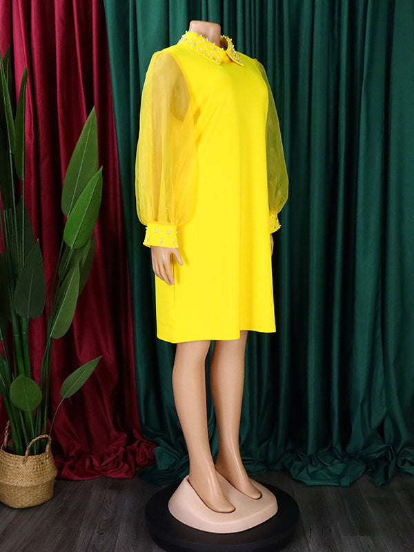 Puff Sleeves Beads Mesh Solid Color Split-Joint Round-neck Midi Dresses