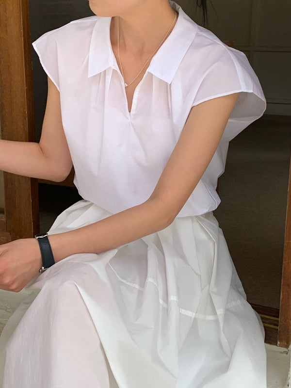 Cap Sleeve Loose Solid Color Lapel Blouses&Shirts Tops