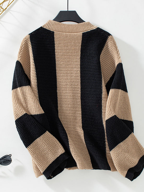 Long Sleeves Loose Buttoned Contrast Color Split-Joint Striped V-Neck Cardigan Tops
