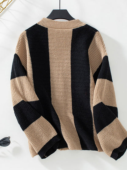 Long Sleeves Loose Buttoned Contrast Color Split-Joint Striped V-Neck Cardigan Tops