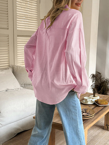 Long Sleeves Loose Buttoned Solid Color Lapel Blouses&Shirts Tops