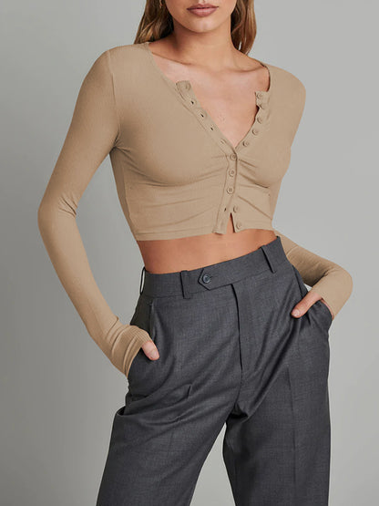 Long Sleeves Skinny Buttoned Solid Color Round-Neck Cardigan Tops