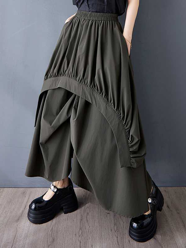 A-Line Loose Asymmetric Elasticity Pleated Pockets Solid Color Skirts Bottoms