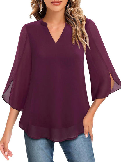 Half Sleeves Loose Solid Color V-Neck Blouses&Shirts Tops