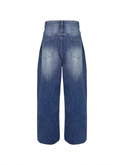 High Waisted Loose Buttoned Geometric Hollow Pockets Split-Joint Jean Pants Bottoms