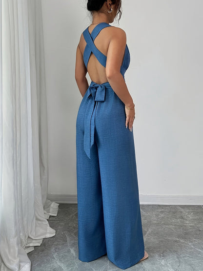 High Waisted Sleeveless Backless Solid Color Tied Spaghetti-Neck Jumpsuits