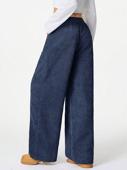 High Waisted Wide Leg Drawstring Elasticity Pockets Solid Color Pants Trousers