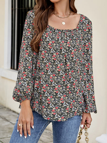 Bishop Sleeve Long Sleeves Flower Print Square-Neck Blouses&Shirts Tops