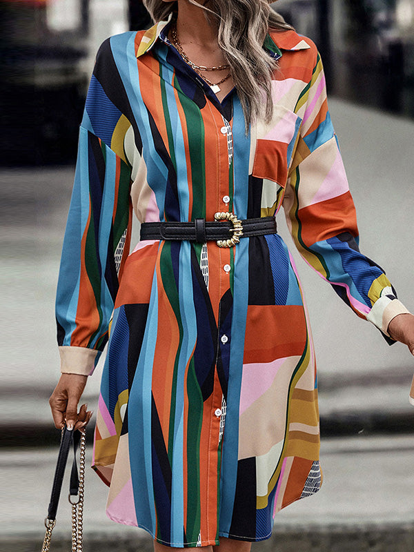 A-Line Long Sleeves Buttoned Contrast Color Lapel Midi Dresses Shirt Dress