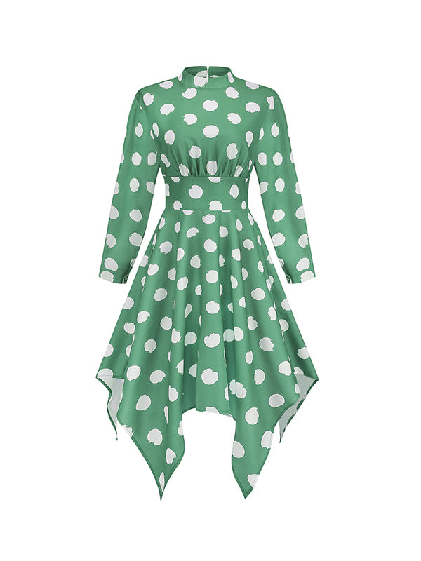A-Line Long Sleeves Elasticity Hollow Polka-Dot Mock Neck Midi Dresses