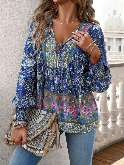 Long Sleeves Loose Contrast Color Drawstring Flower Print Pleated Split-Joint V-Neck Blouses&Shirts Tops