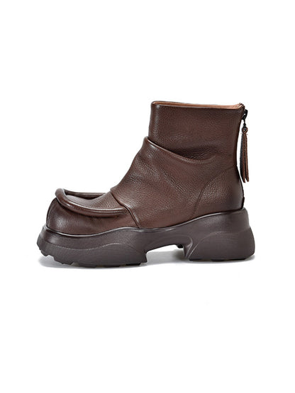Platform Round-Toe Solid Color Zipper Boots