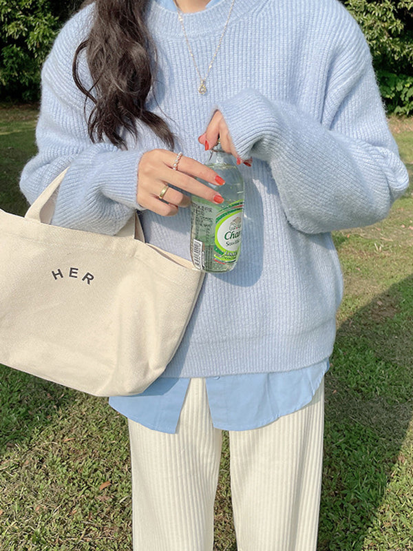 Long Sleeves Loose Solid Color Round-Neck Pullovers Sweater Tops