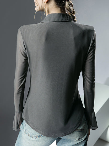 Long Sleeves Ruffle Sleeves Knot Solid Color Lapel Blouses&Shirts Tops