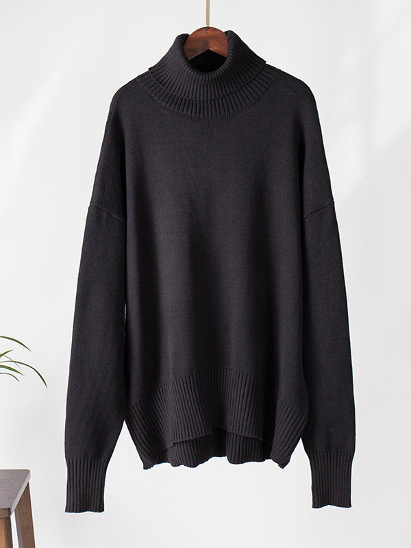 High-Low Long Sleeves Solid Color Split-Joint High Neck Sweater Tops