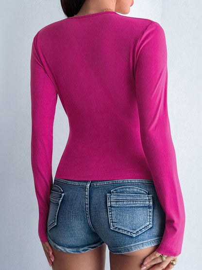 Long Sleeves Skinny Beads Contrast Color Pleated Split-Joint Deep V-Neck Blouses&Shirts Tops