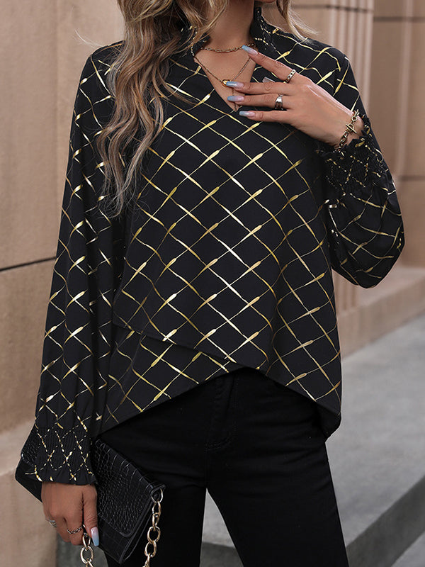 Long Sleeves Loose Bronzing Elasticity Split-Joint V-Neck Blouses&Shirts Tops