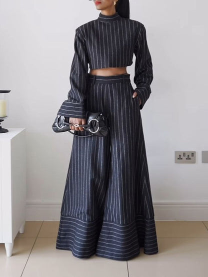 Long Sleeves Split-Joint Striped High Neck Blouses&Shirts Tops