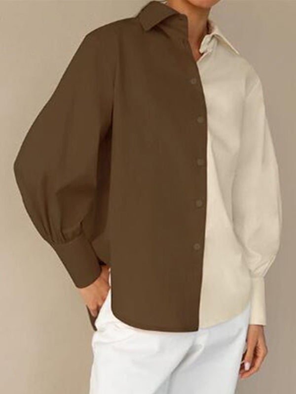 Long Sleeves Loose Buttoned Contrast Color Lapel Blouses&Shirts Tops
